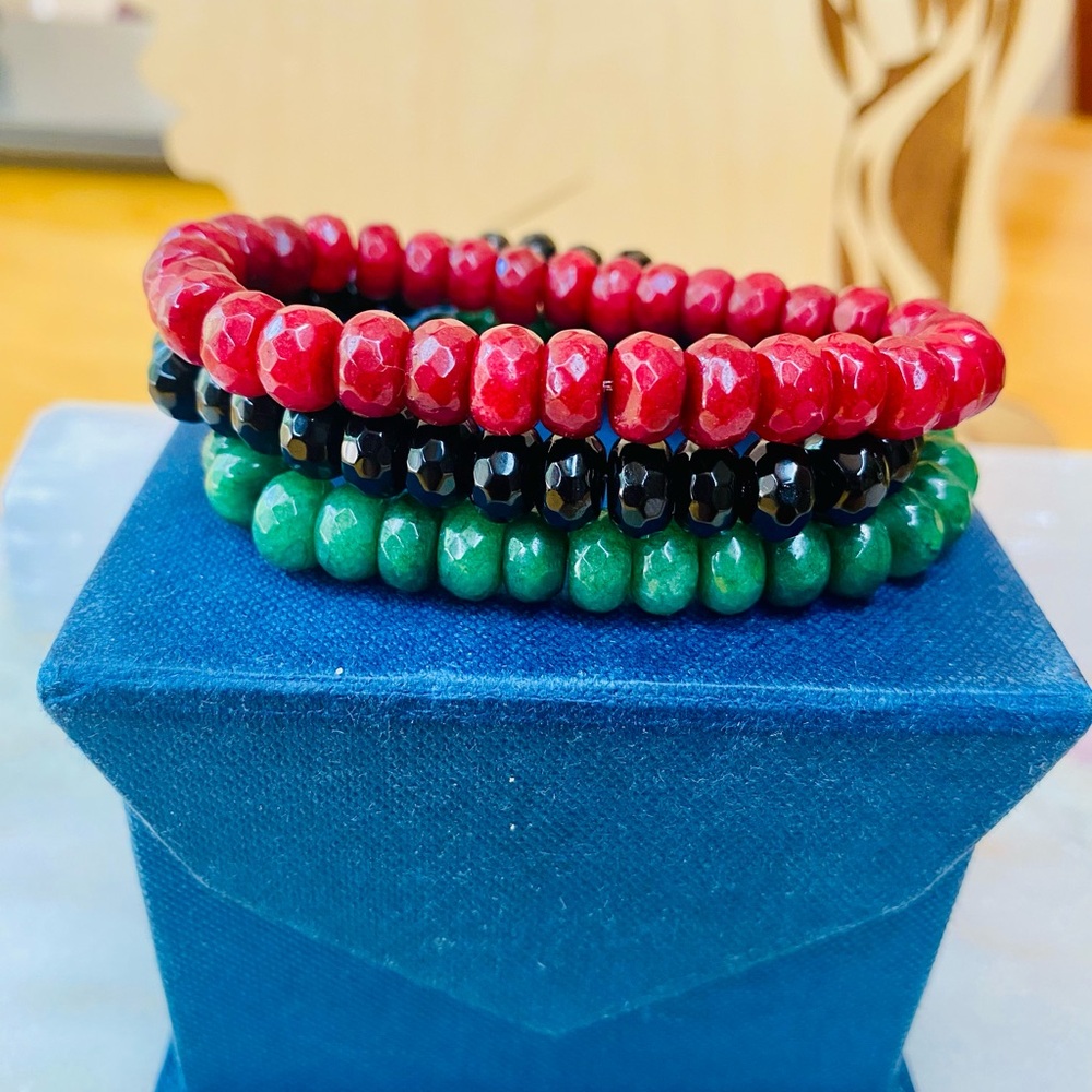 Handmade Red Green Jade & Black Agate Afro American Flag Colors Bracelet Stack